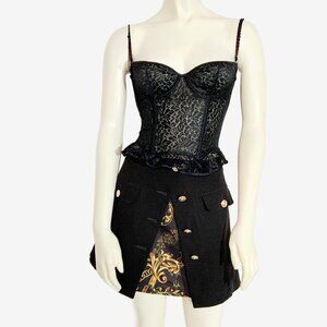 Versace Jeans Couture Layered-Effect Baroque-print Mini Skirt in Black / s-mdm